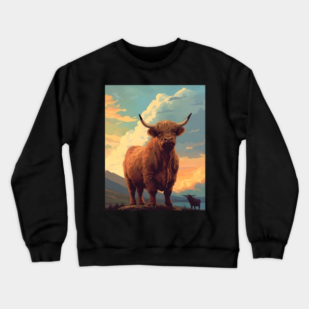 Highland Cattle Sunset Retro Art | Vintage-Inspired Landscape with Scottish Cows Crewneck Sweatshirt by The Whimsical Homestead